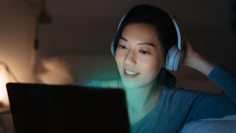 Smiling at computer